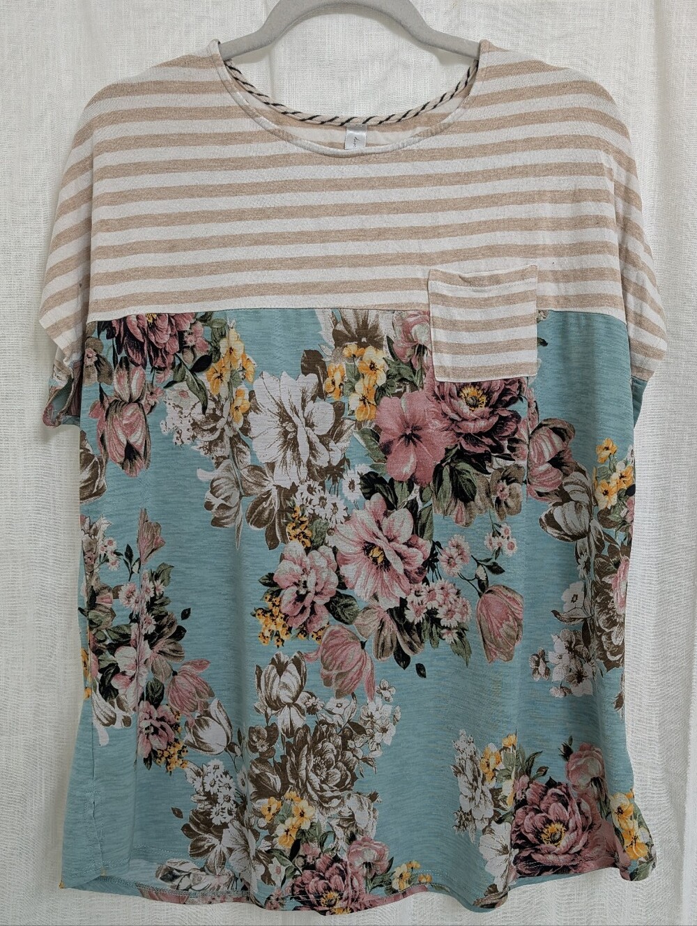 Discount Divas Floral & Stripe Colorblock Top Size Large Made in USA